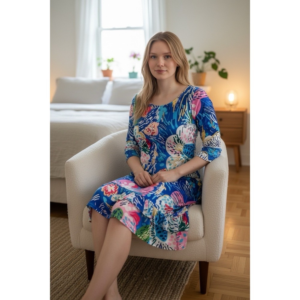 Tango Mango Summer 3/4 Sleeve Blue Floral Ruffle Dress‎ Size Medium New